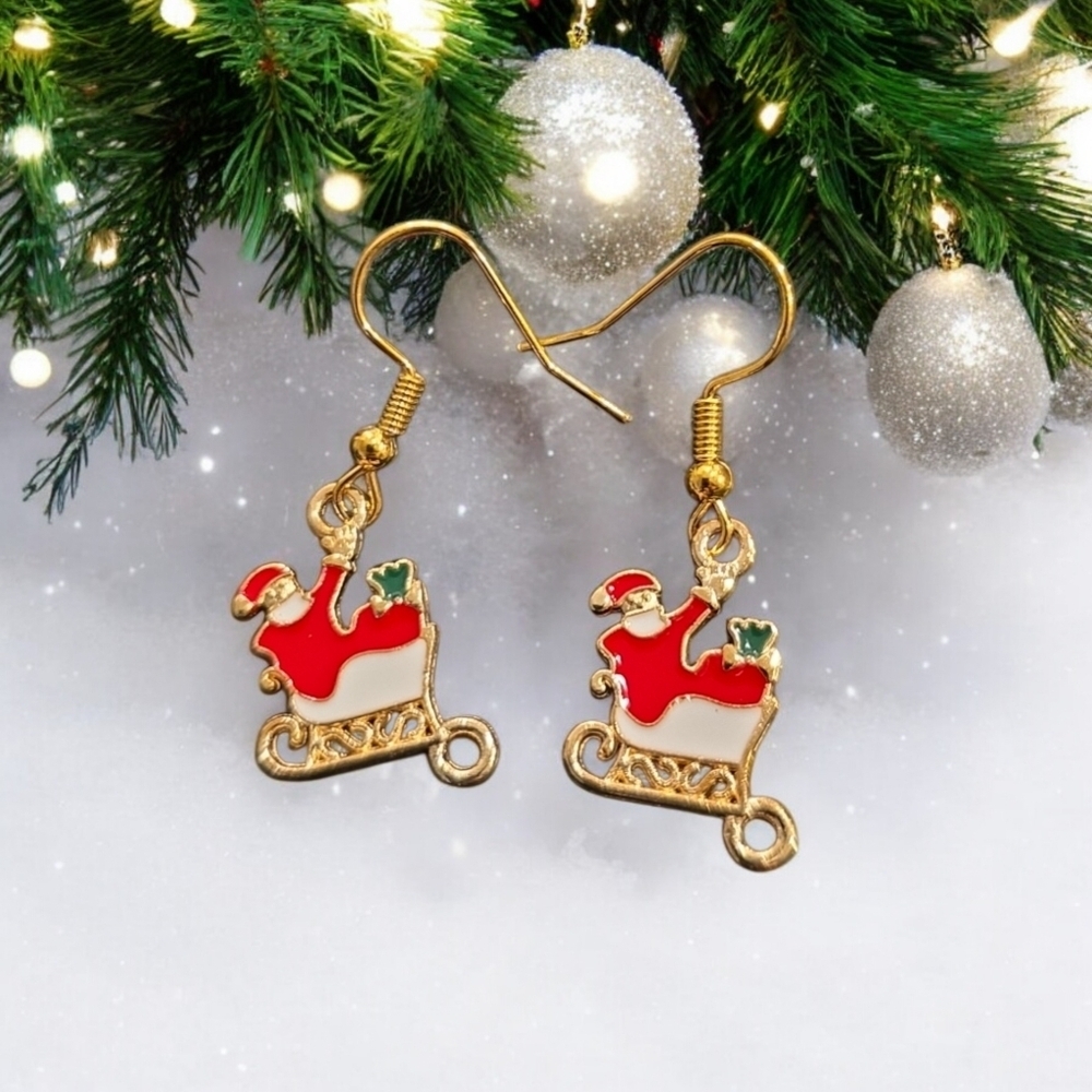 Santa Sleigh Holiday Festive Dangle Earrings